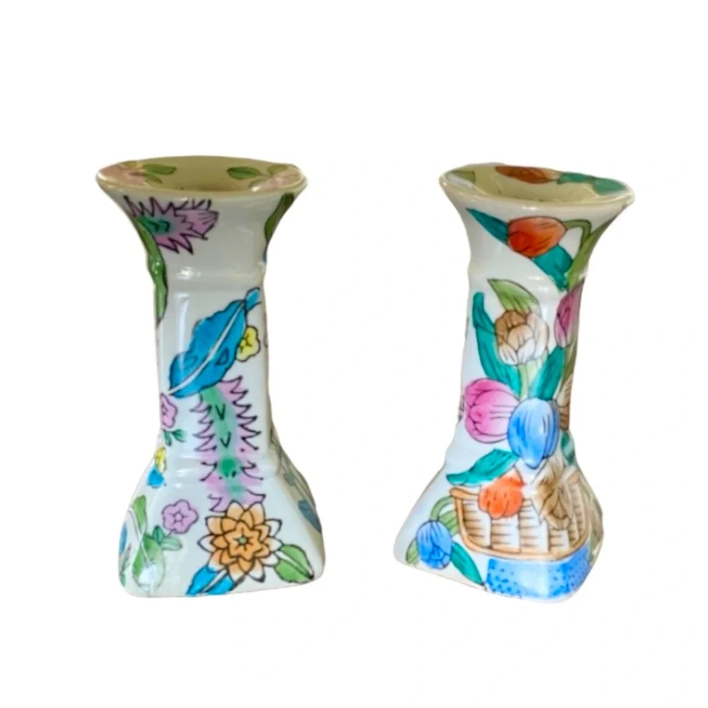 Vintage Chinoiserie & Floral Style Taper Candlestick Holders - set of 2